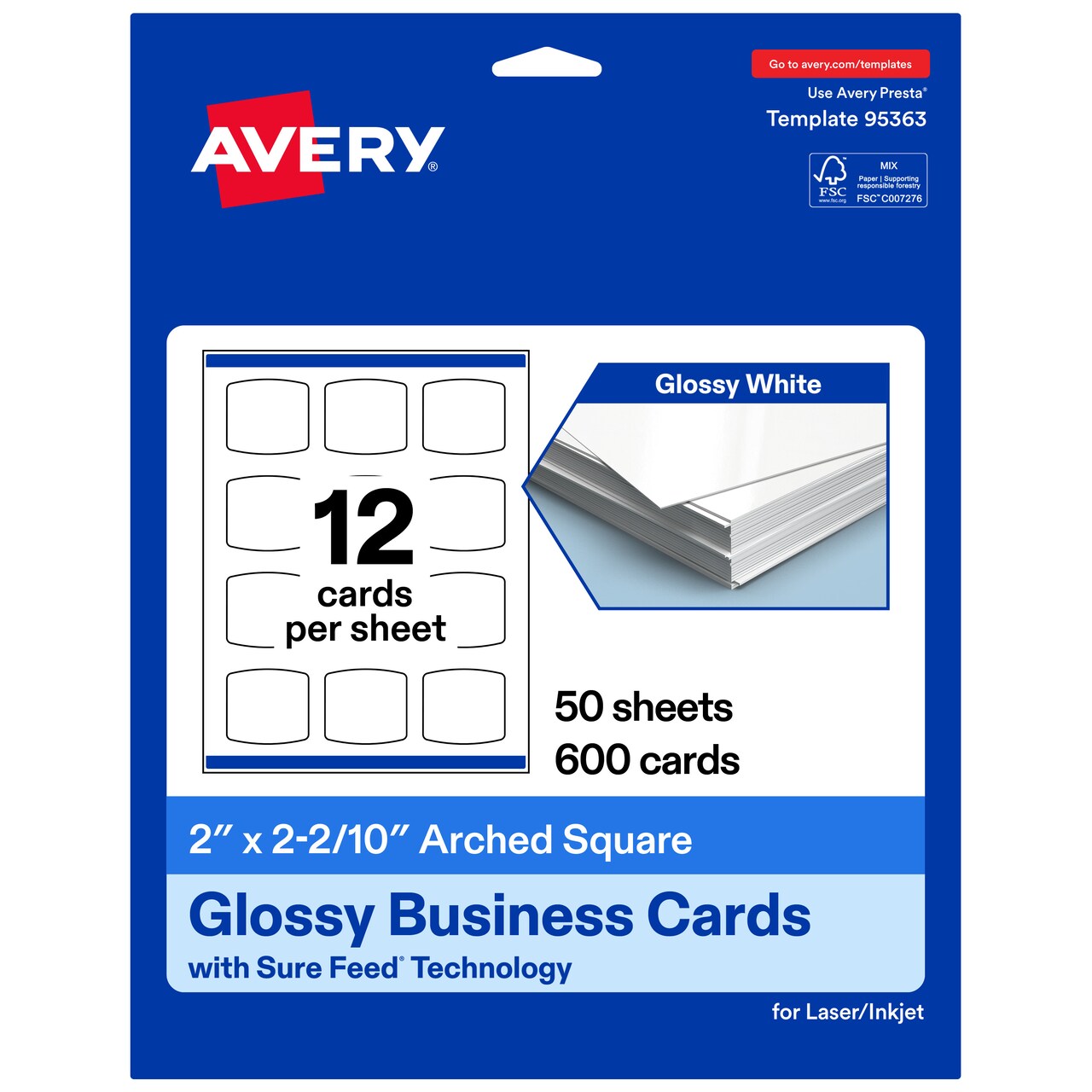 Avery Printable Arched Square Business Cards, Sure Feed Technology, 2" x 2-2/10", Glossy White Cardstock, Print-to-The-Edge, Laser/Inkjet Printable, 120 Total